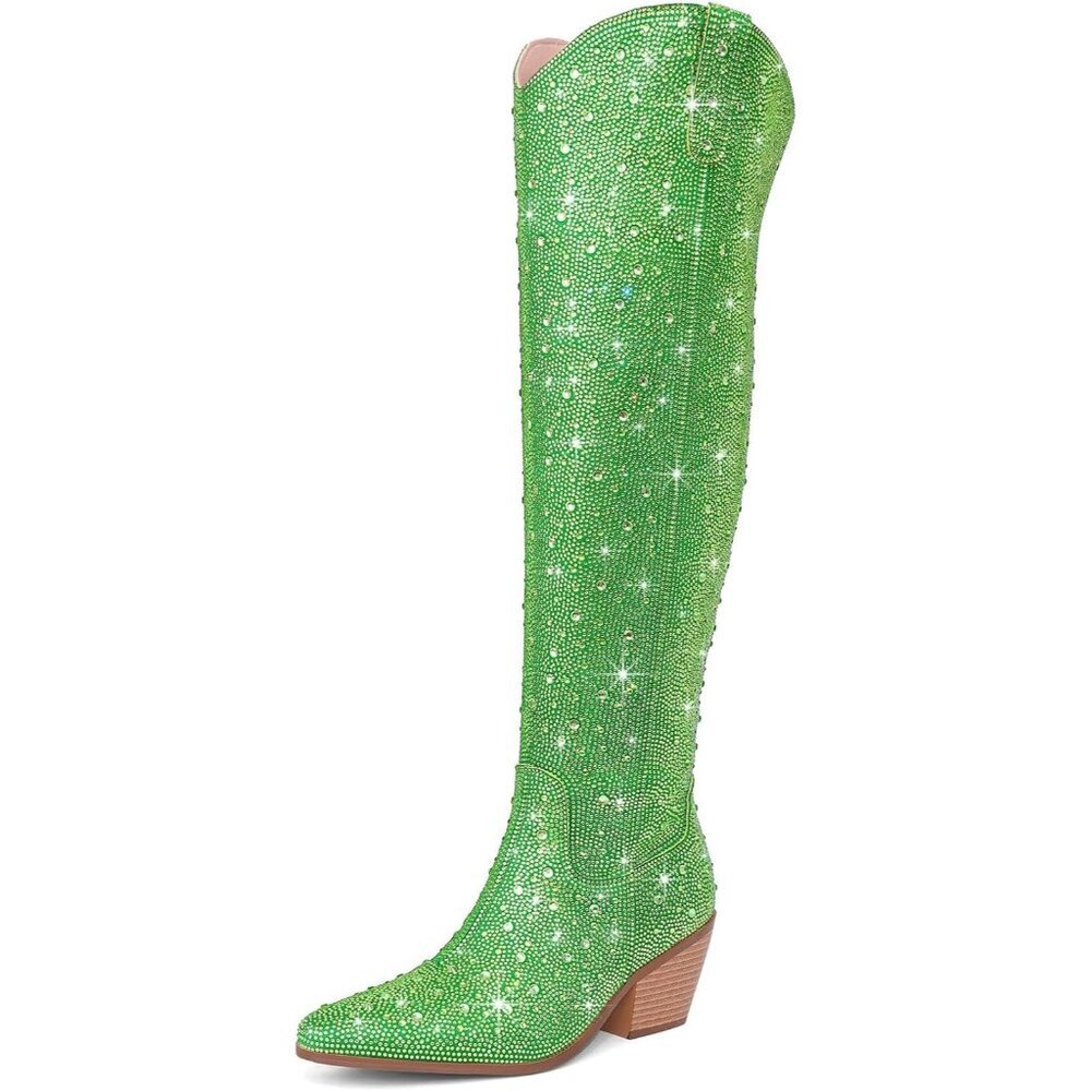 Women Green Faux Leather Sparkly Bling Rhinestone Over the Knee Cowboy Boots